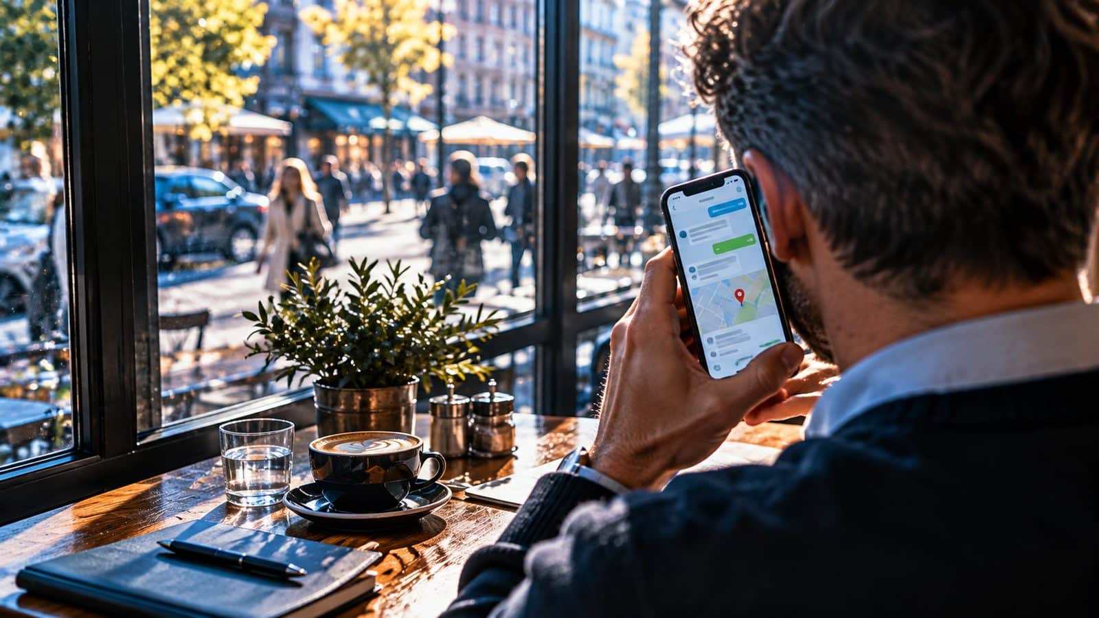 Gast im Café hält ein Smartphone mit Chatfenster und Karte ans Ohr, draußen eine belebte Straße