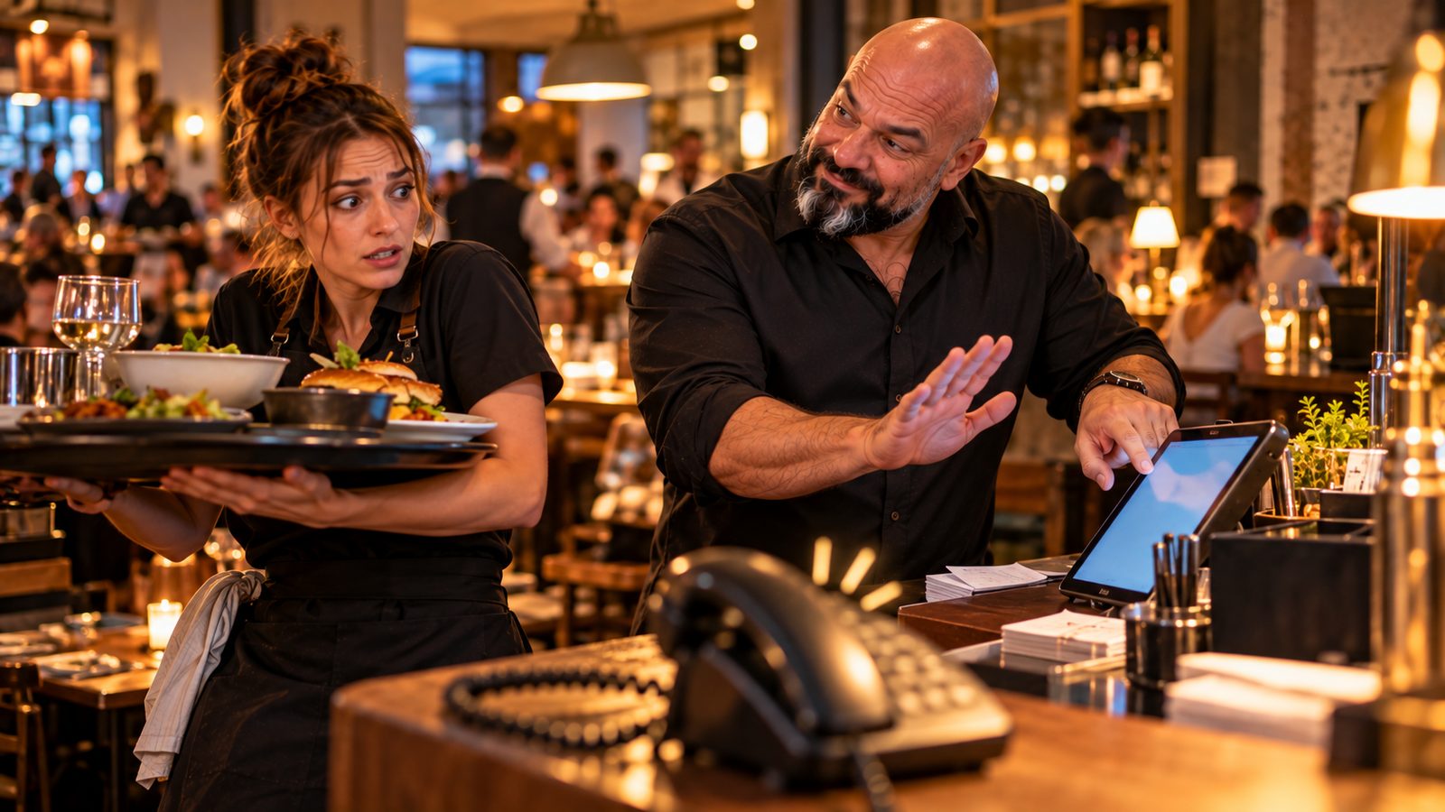 René Kaplick beruhigt im vollen Abendservice eine Servicekraft mit Tablett und zeigt auf ein Tablet, das den klingelnden Anruf annimmt