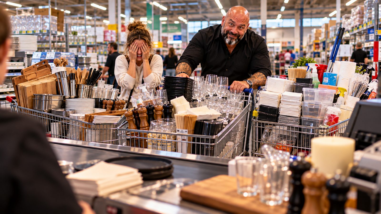 René Kaplick schiebt einen dritten vollen Einkaufswagen mit Gläsern, Besteck und Putzmitteln an die Kasse eines Großmarkts, eine Gründerin hält sich lachend die Hände vors Gesicht