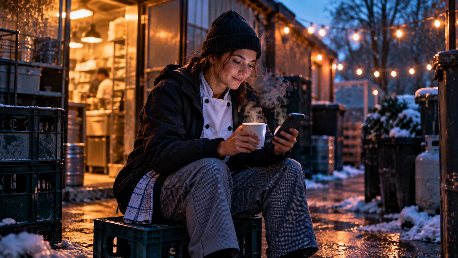 Junge Köchin sitzt in der Pause im verschneiten Hinterhof eines Restaurants mit Kaffee und schaut auf ihr Smartphone