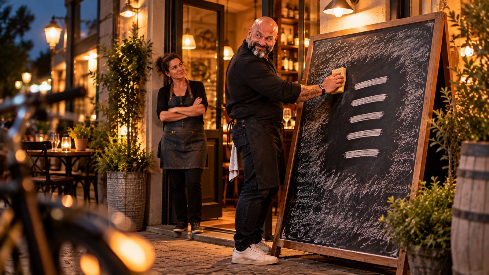 René Kaplick wischt eine vollgeschriebene Kreidetafel vor einem Bistro frei, bis nur noch fünf Striche übrig sind, die Inhaberin schaut skeptisch
