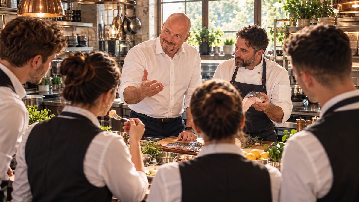 René Kaplick erklärt beim Küchenbriefing vor dem Service gemeinsam mit dem Küchenchef einen frischen Fisch, die Servicekräfte probieren