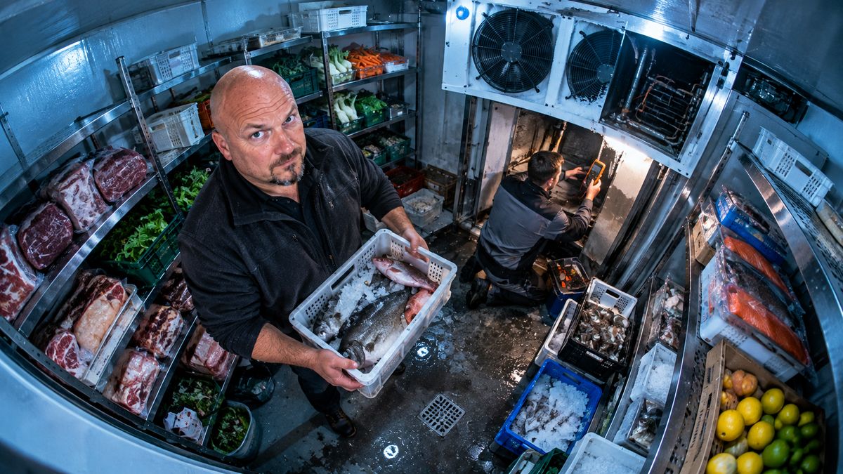 René Kaplick steht mit einer Kiste Fisch im ausgefallenen Kühlraum eines Restaurants, ein Kältetechniker misst am Verdampfer