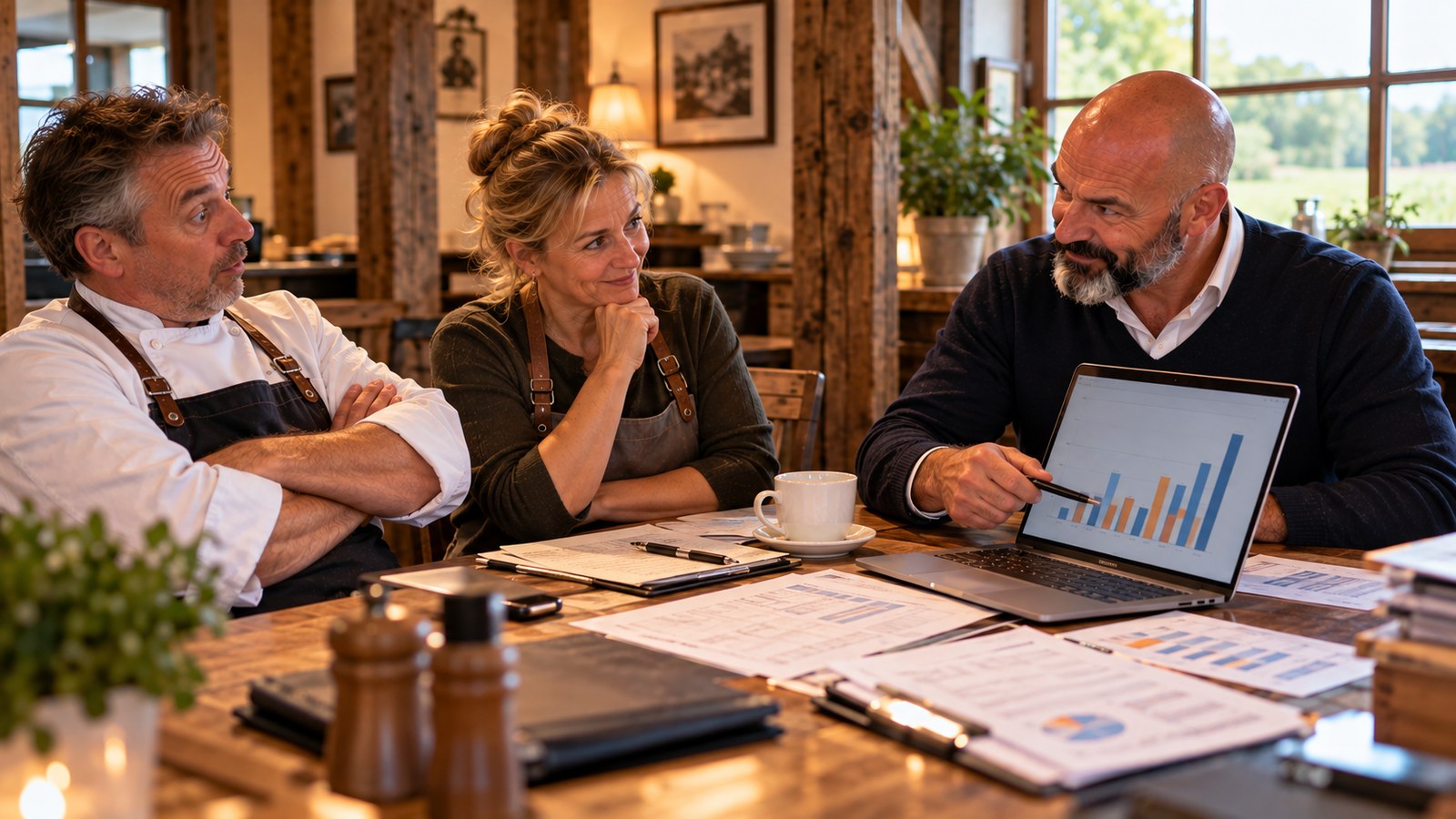 René Kaplick sitzt mit einem Wirtsehepaar in der Gaststube eines Landgasthofs am Tisch und zeigt mit dem Stift auf ein Balkendiagramm auf dem Laptop, daneben ausgedruckte Abfallprotokolle