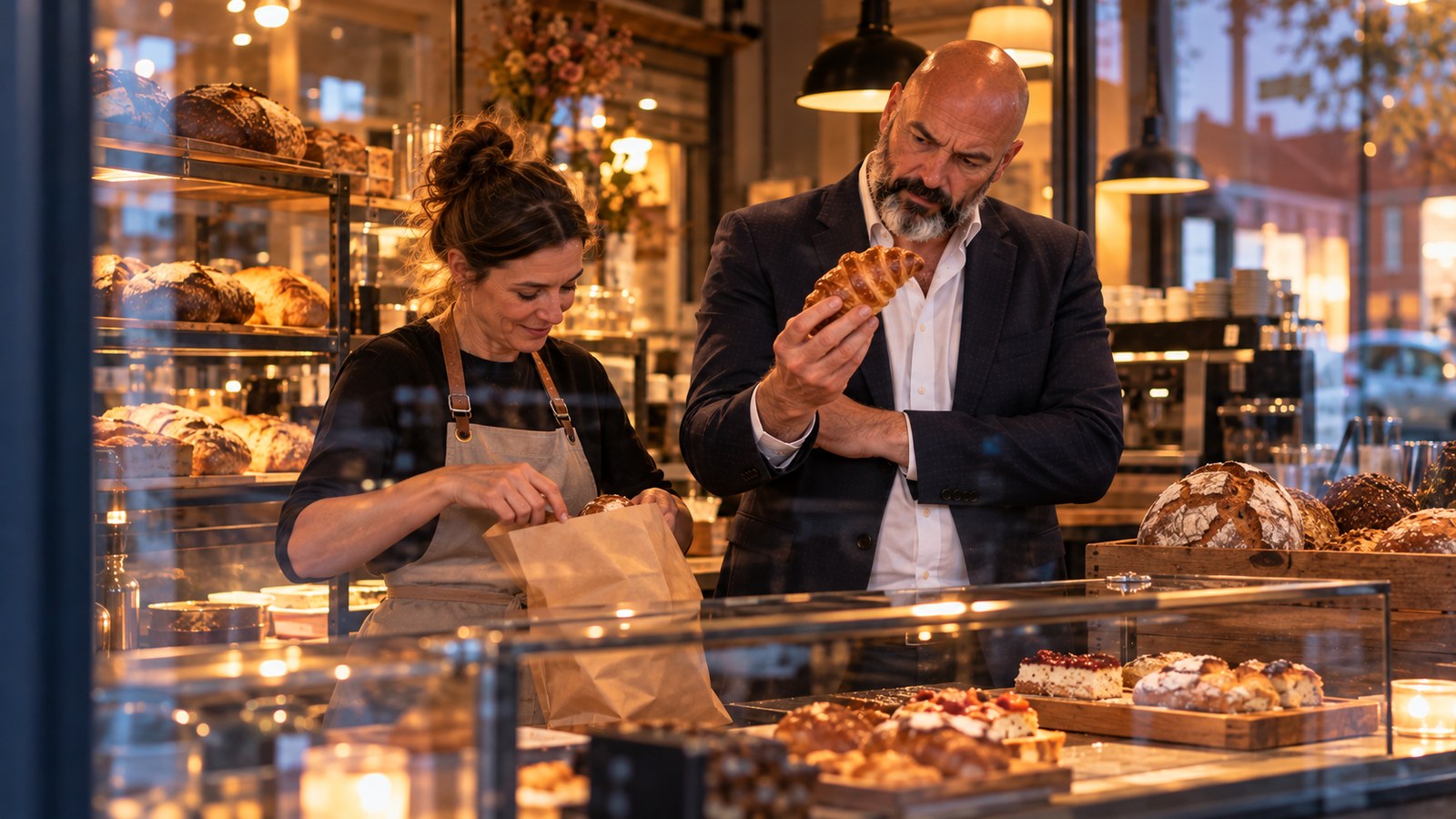 René Kaplick im Sakko steht mit der Inhaberin eines Bäckerei-Cafés kurz vor Ladenschluss hinter der Theke, sie packt übrig gebliebenes Brot in Papiertüten