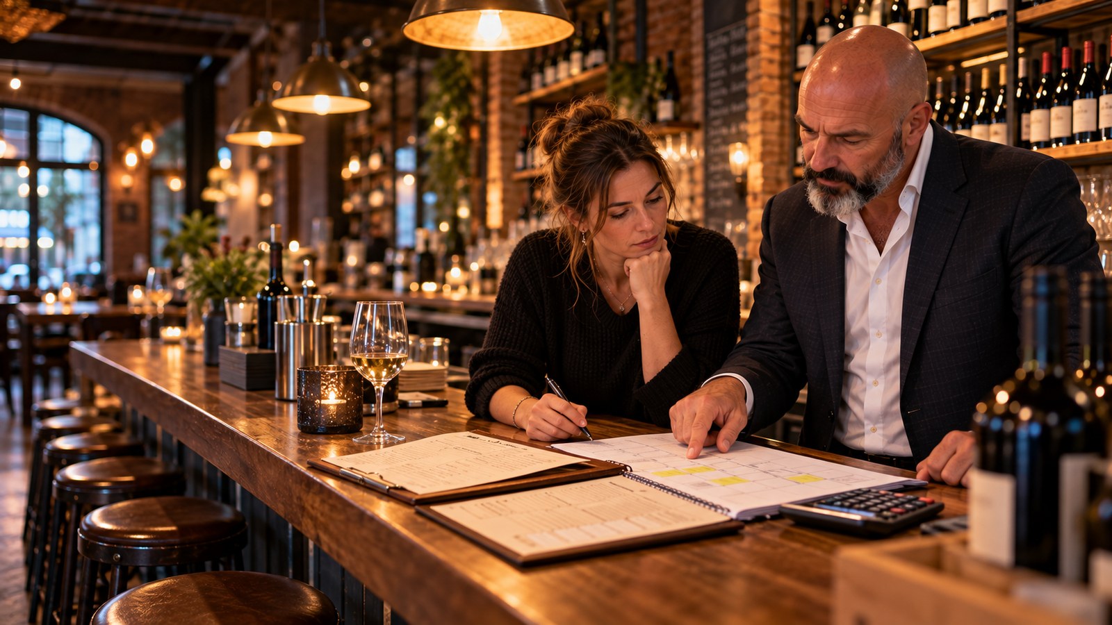 René Kaplick im Sakko zeigt einer Weinbar-Inhaberin am Tresen auf einem Wochenplan mit markierten Feldern, wer welchen Kontrollpunkt verantwortet