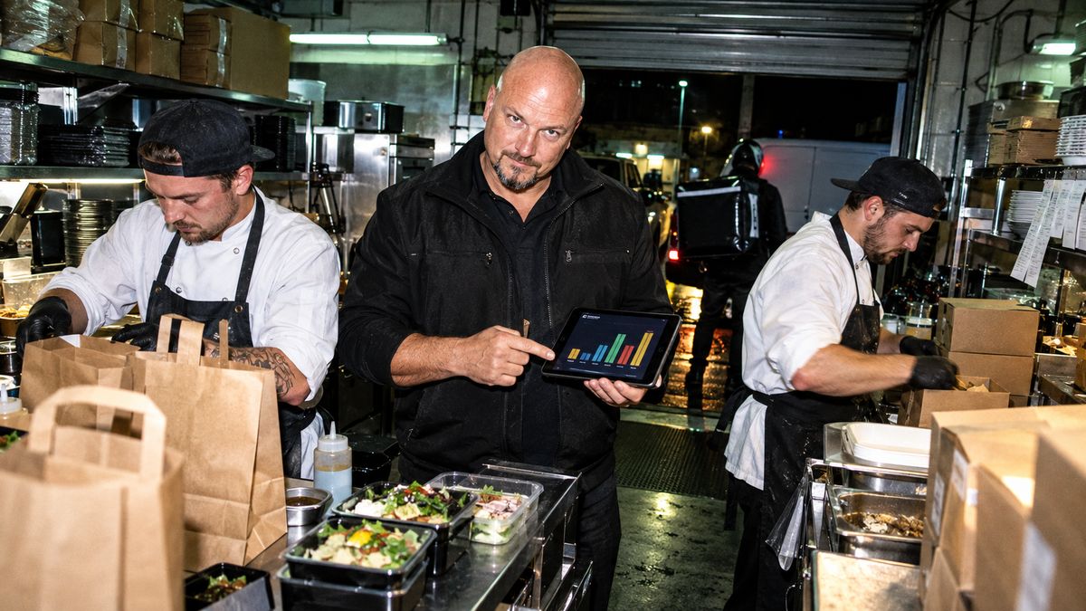 René Kaplick zeigt in einer Lieferküche nachts auf einem Tablet die Umsatzentwicklung, daneben packen zwei Köche Bestellungen in Papiertüten