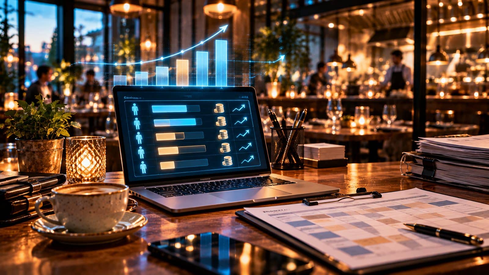 Lohnübersicht auf einem Laptop im Restaurantbüro neben Dienstplan und Kaffeetasse