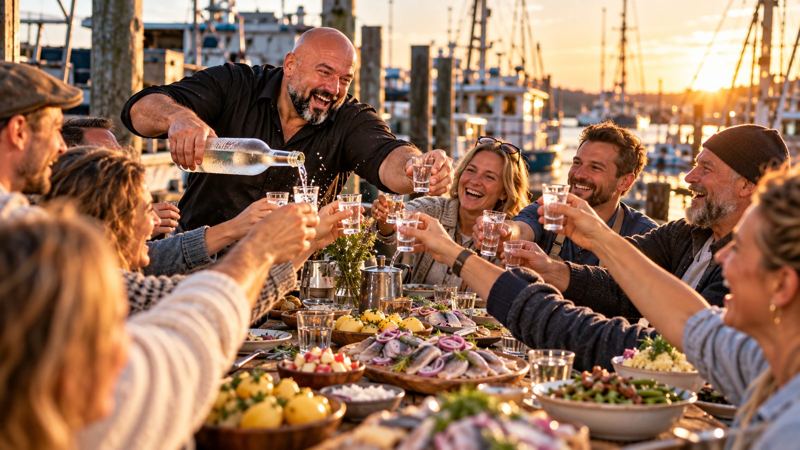 René Kaplick schenkt bei einem Matjesessen an einer langen Tafel am Hafen eiskalten Schnaps nach, die Gäste stoßen an