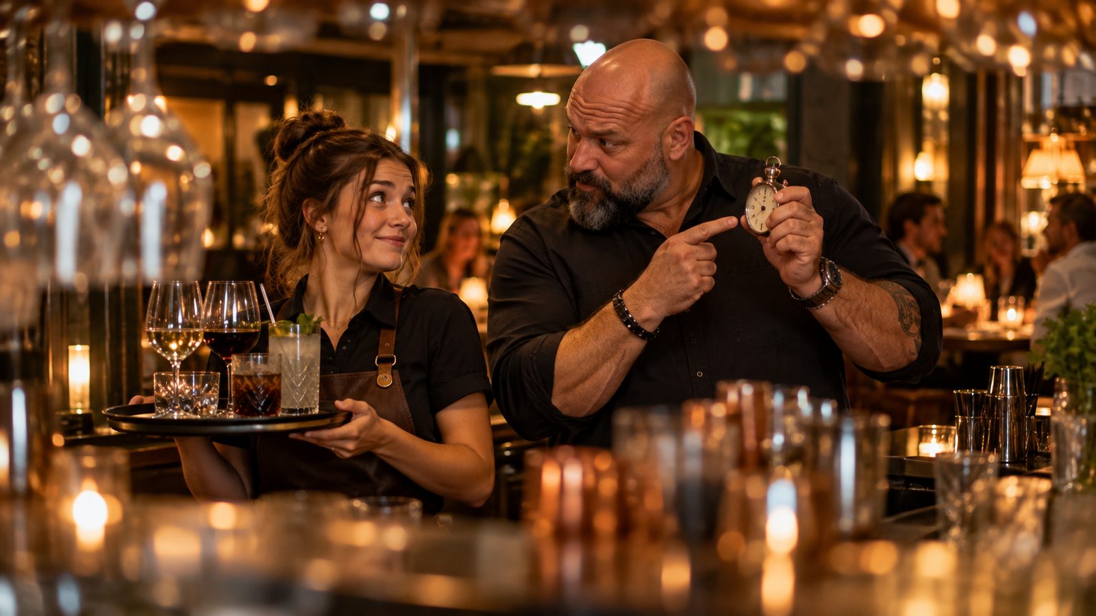René Kaplick hält in einer Bar einer Servicekraft mit Tablett eine Stoppuhr hin und tippt darauf, sie schaut ertappt