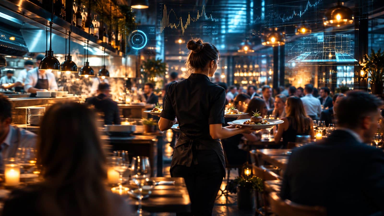 Minijobs Gastronomie 2027: Servicekraft trägt am Samstagabend Teller durch ein volles Restaurant