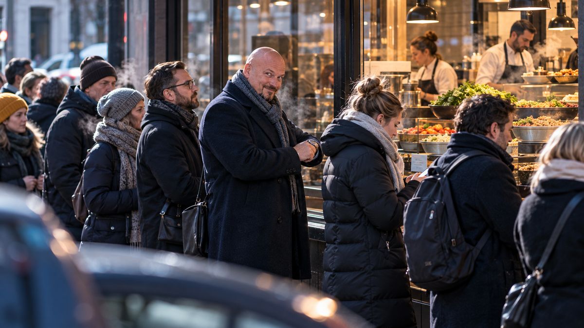 René Kaplick steht im Winter als Gast in einer Warteschlange vor einem Bowl-Lokal und schaut auf die Uhr