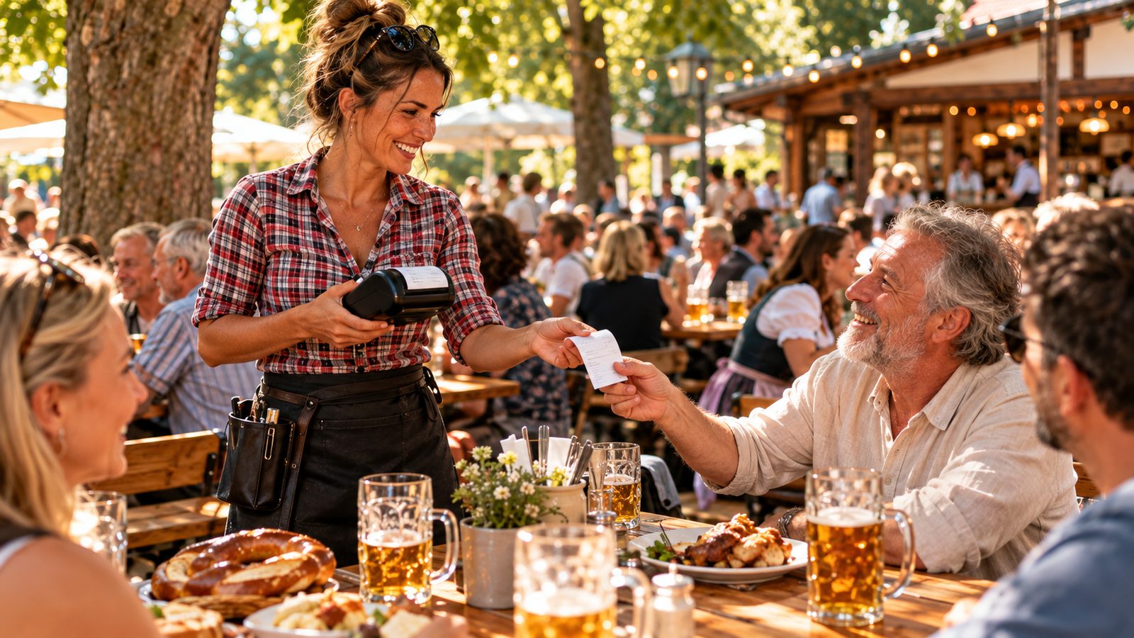 Kellnerin im Biergarten reicht einem lachenden Gast einen Bon aus ihrem mobilen Kassengerät