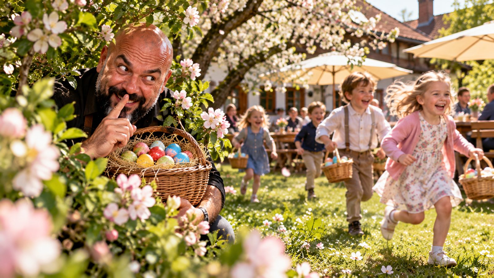 René Kaplick versteckt sich mit einem Korb voller Ostereier hinter einem blühenden Busch, während Kinder durch den Biergarten rennen