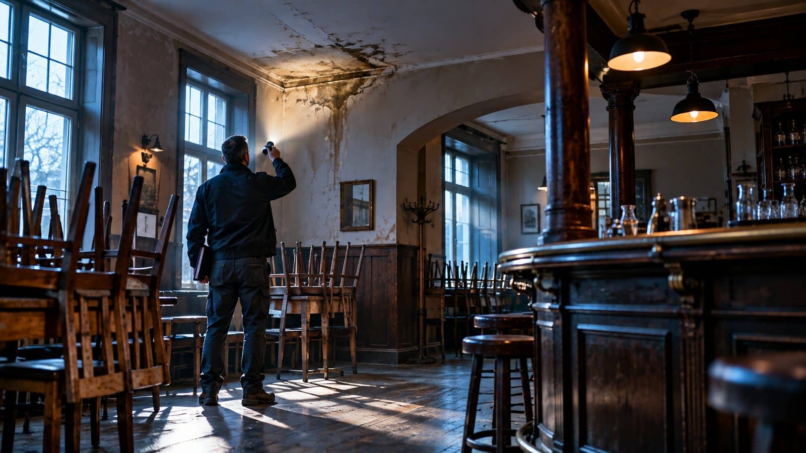Person leuchtet bei der Besichtigung eines leeren Gasthauses mit der Taschenlampe einen Wasserschaden an der Decke ab