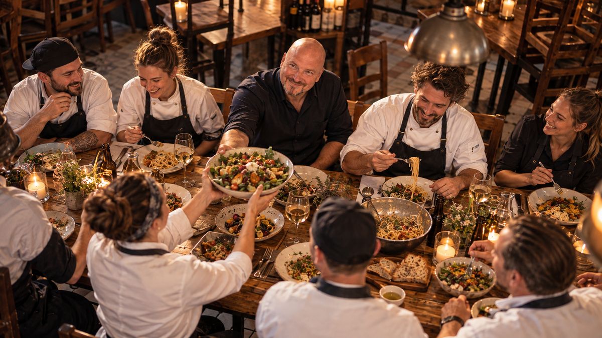René Kaplick reicht beim gemeinsamen Personalessen nach Schichtende einer Köchin eine Salatschüssel, Köche und Servicekräfte sitzen gemischt am langen Tisch