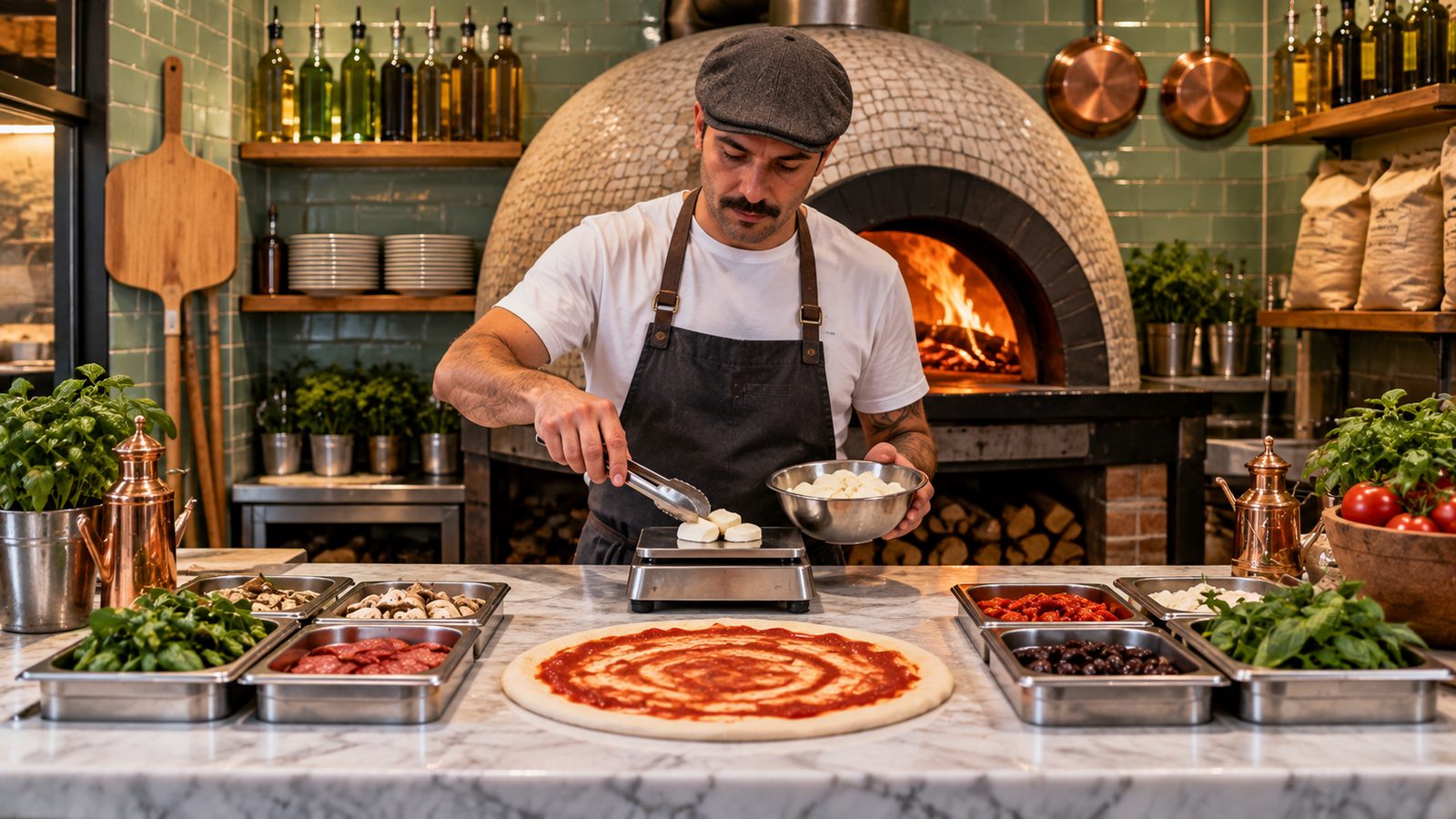 Pizzaiolo legt Mozzarella auf eine Waage, vor ihm ein Pizzateig und symmetrisch angeordnete Zutatenschalen