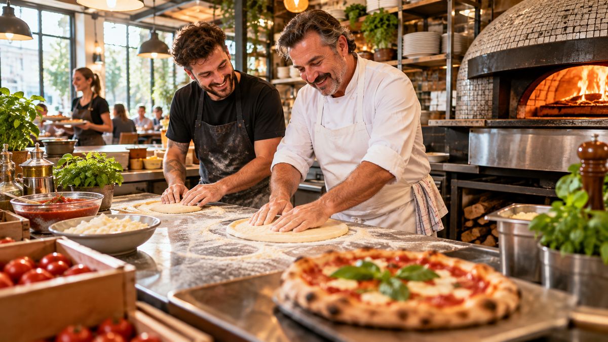Pizzaiolo zeigt einem Bewerber beim Probearbeiten in der offenen Küche einer Pizzeria, wie man Teig ausdrückt