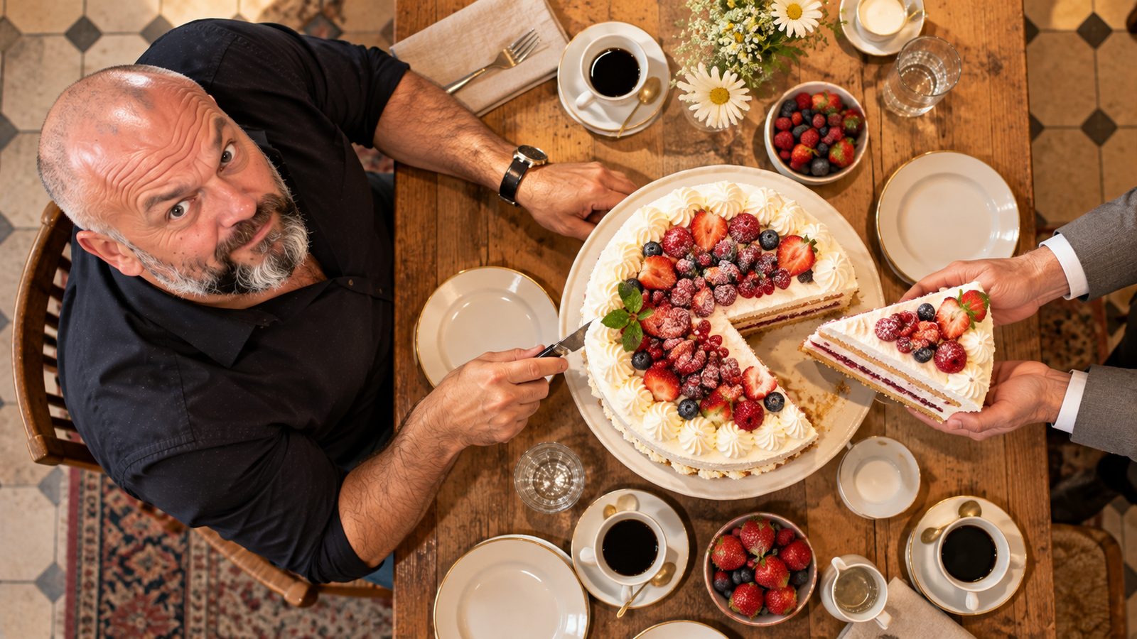 Von oben: René Kaplick schneidet eine Beerentorte an, zwei Hände in grauen Anzugärmeln ziehen ein großes Stück weg, René schaut skeptisch nach oben