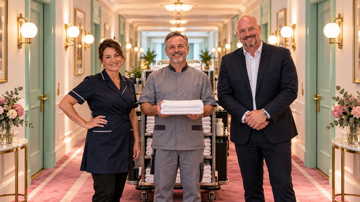 Hausdame, ein Quereinsteiger im Housekeeping mit gefaltetem Handtuch und René Kaplick stehen im Flur eines Hotels vor dem Housekeeping-Wagen
