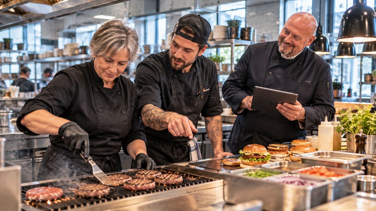 Quereinsteigerin, früher Pflegekraft, steht am Grill eines Burgerrestaurants, ein junger Küchenchef erklärt, René Kaplick schaut mit Tablet zu