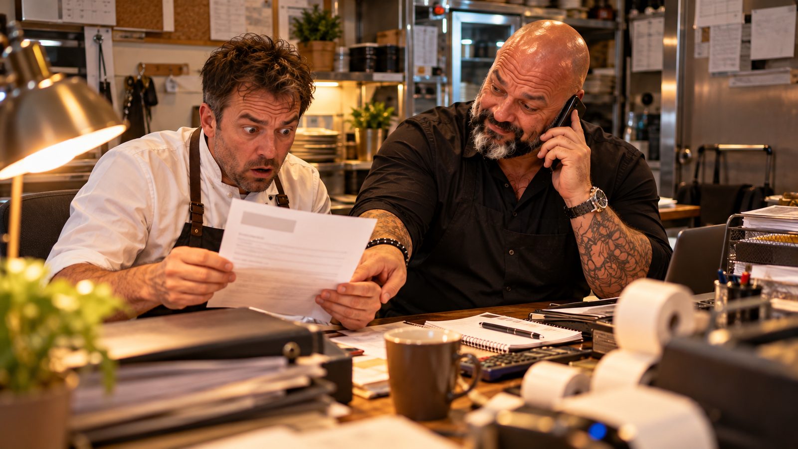 René Kaplick telefoniert im Büro eines Restaurants und zeigt beruhigend auf einen Brief, den ein erschrockener Wirt in den Händen hält