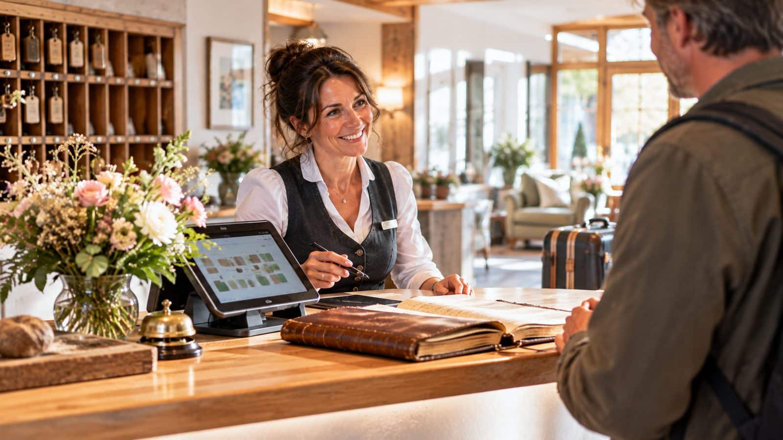 Rezeptionistin in einem Familienhotel lächelt einem Gast zu, vor ihr ein Tablet mit Tischübersicht und ein ledernes Reservierungsbuch