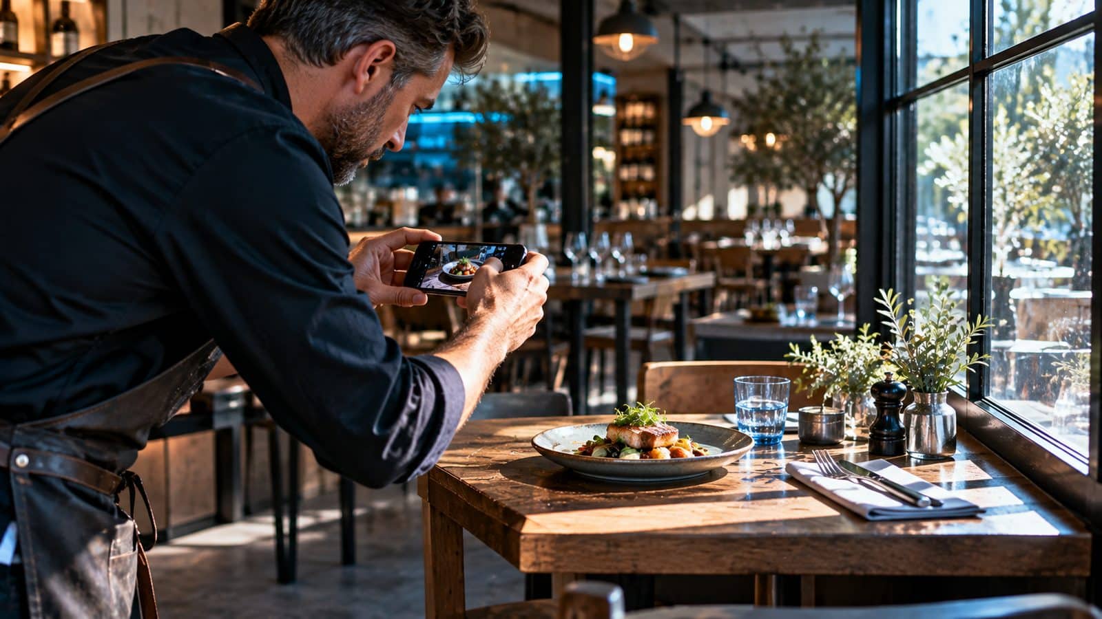 Restaurantinhaber fotografiert ein angerichtetes Gericht mit dem Smartphone für die Website
