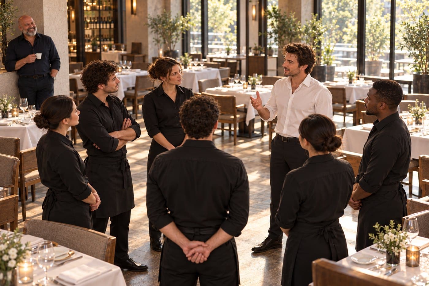 Neuer Restaurantleiter leitet nach der Einarbeitung das Briefing vor dem Service, René Kaplick schaut zu