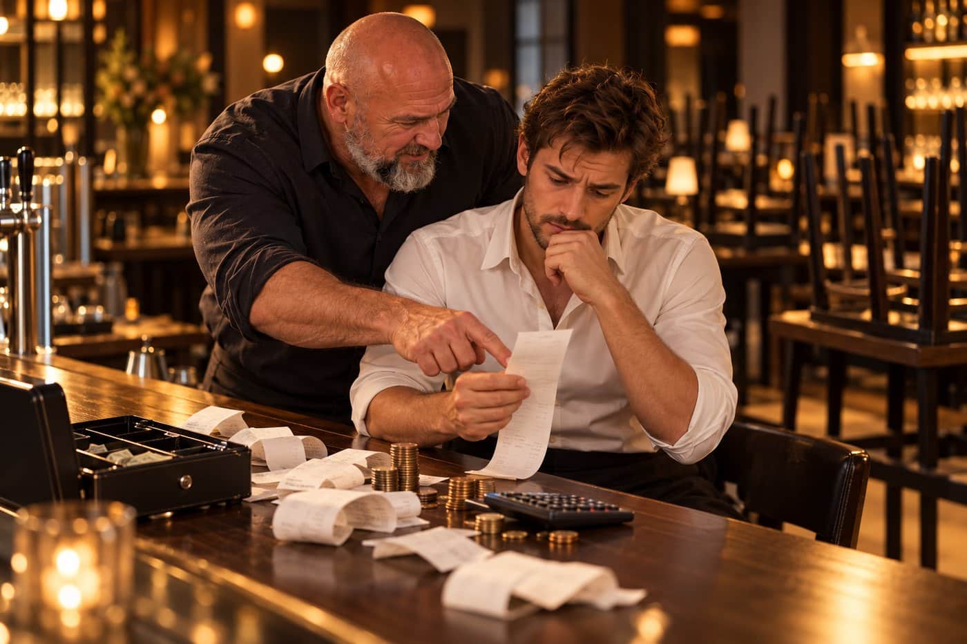René Kaplick erklärt einem neuen Restaurantleiter beim Einarbeiten den Tagesabschluss an der Theke