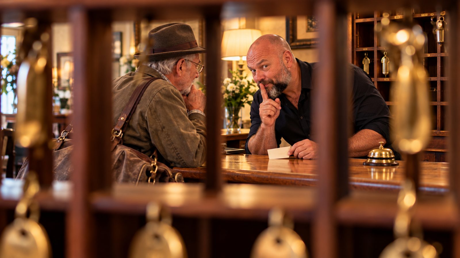 René Kaplick schiebt einem älteren Gast an der Rezeption verschwörerisch eine Karte zu und legt den Finger an die Lippen, fotografiert durch ein altes Schlüsselbrett