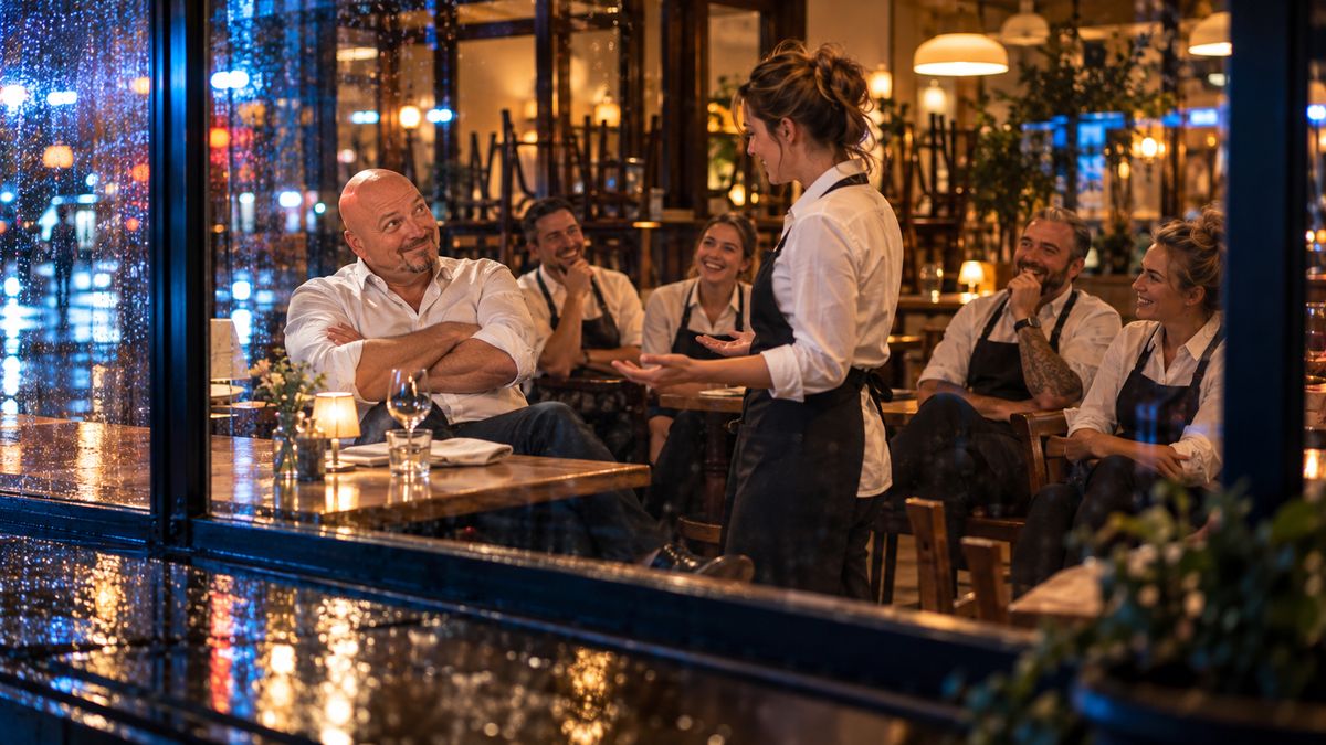 René Kaplick spielt nach Feierabend im Restaurant einen schwierigen Gast, eine Servicekraft antwortet ruhig, das Team schaut lachend zu, fotografiert durch das nasse Fenster