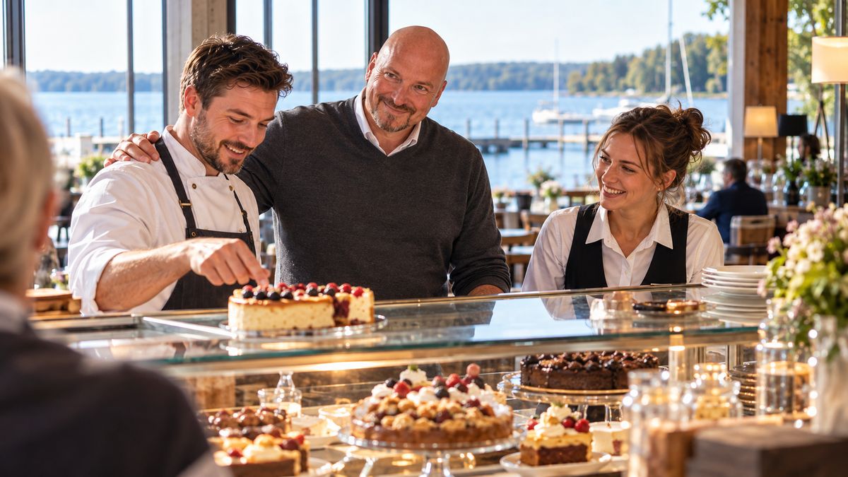 René Kaplick steht in einem Seehotel zwischen einem Koch und einer Servicekraft hinter der Kuchenvitrine, der Koch erklärt den Kuchen