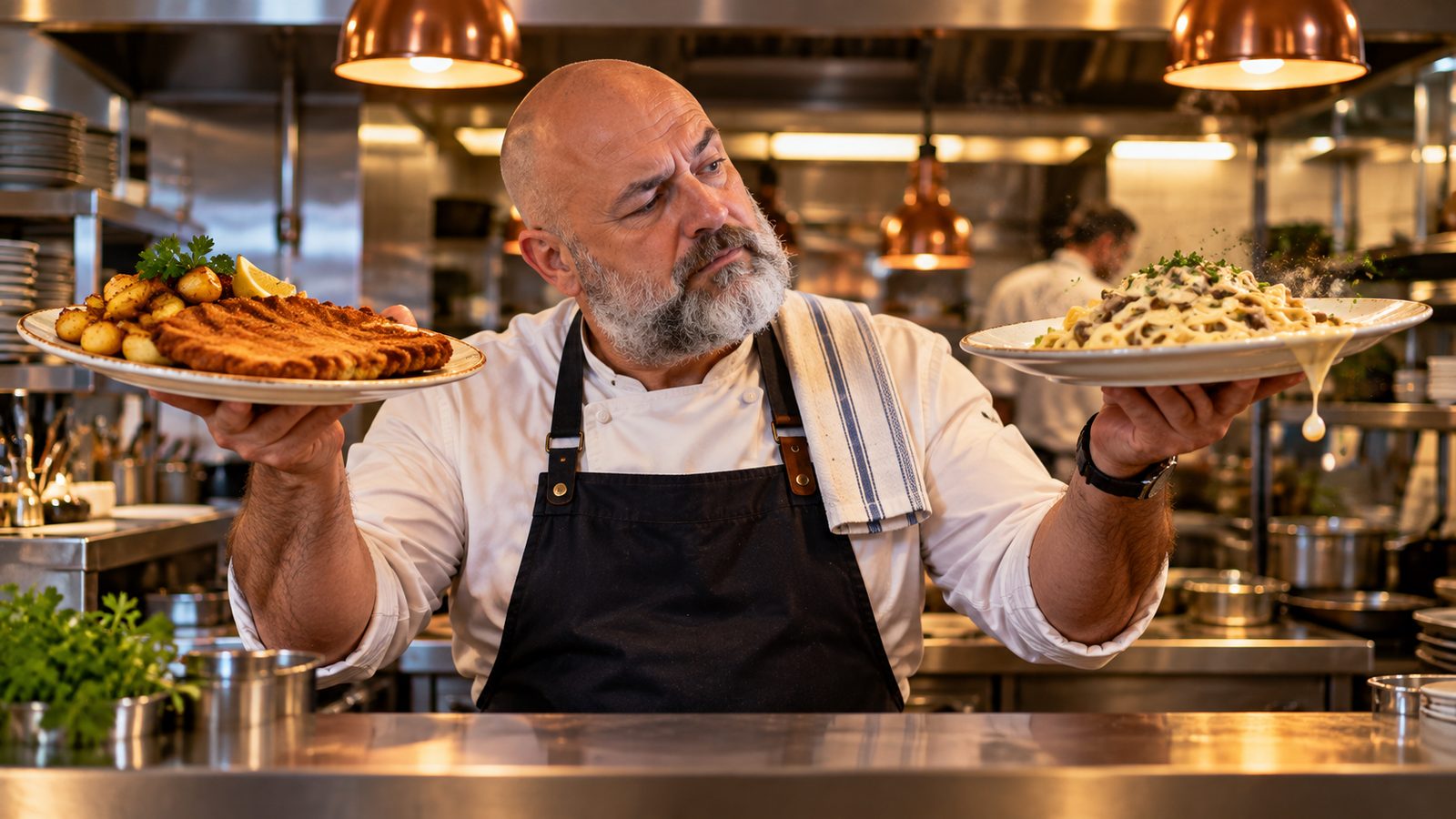 René Kaplick wiegt am Pass ein Schnitzel und einen Teller Tagliatelle in seinen Händen gegeneinander ab, Sauce tropft