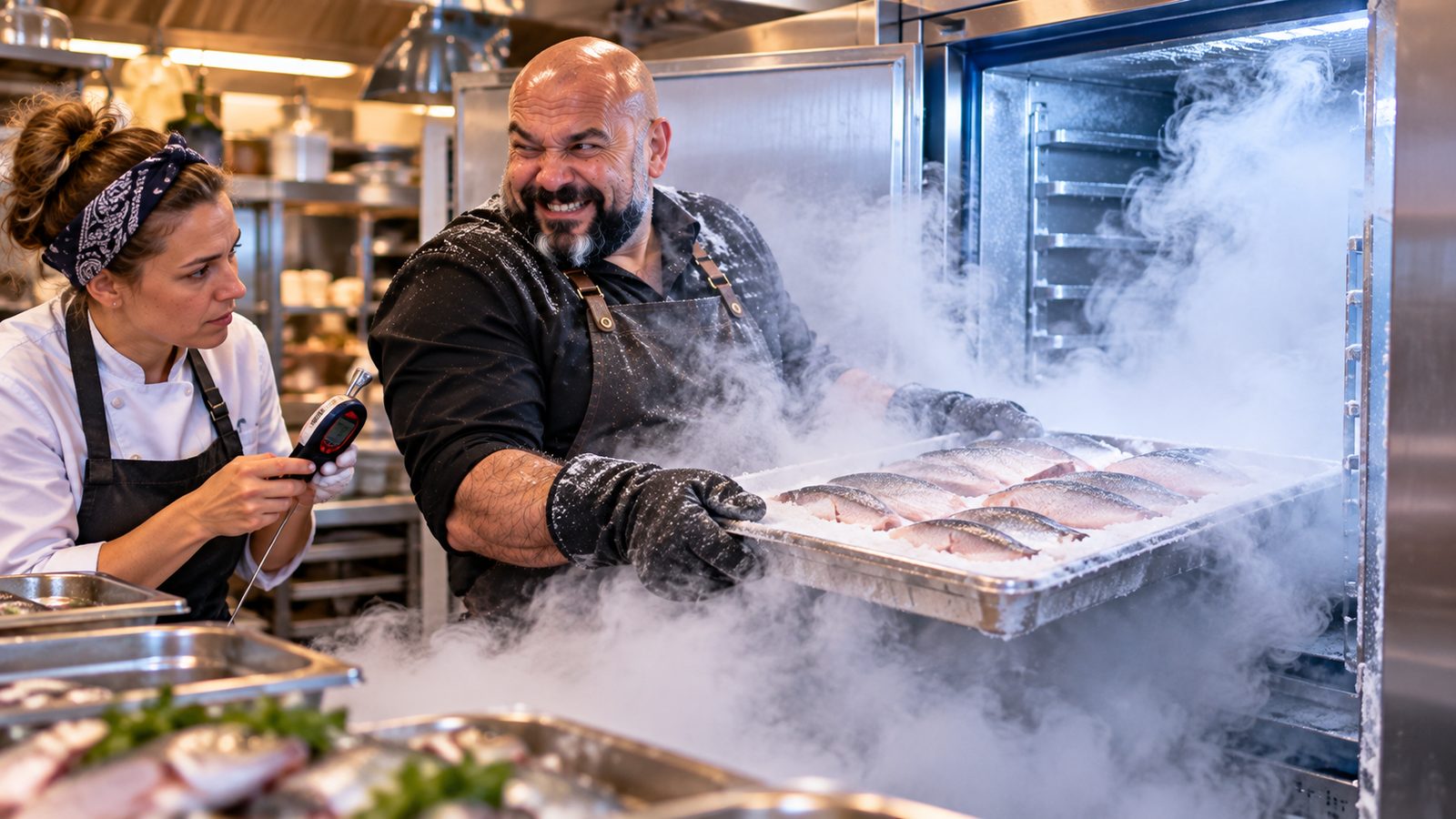 René Kaplick zieht ein Blech mit Fischfilets aus einem Schockfroster, eine Frostwolke quillt heraus, eine Köchin misst die Temperatur