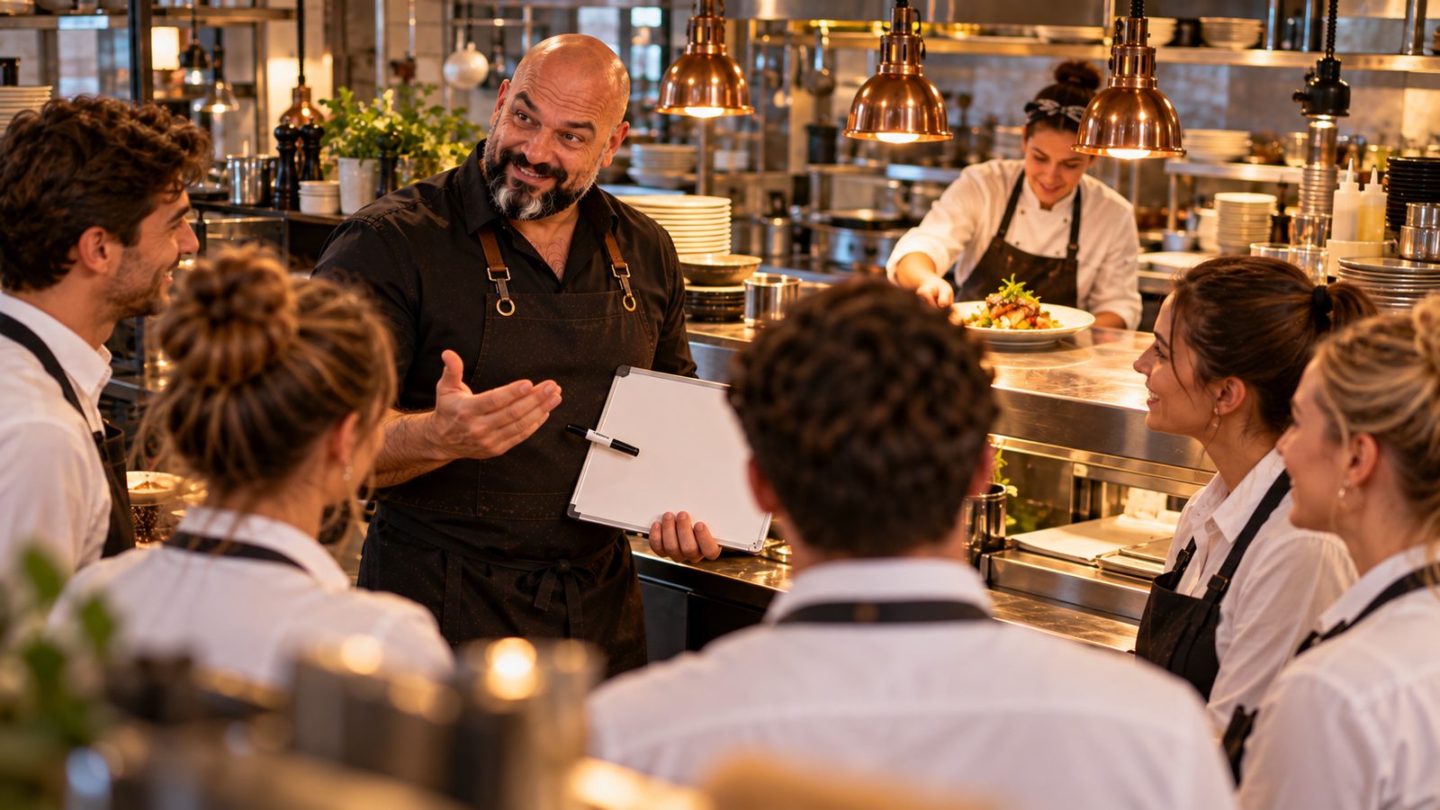 René Kaplick hält vor dem Abendservice am Pass ein Briefing mit dem Serviceteam, eine Köchin stellt einen Probeteller bereit