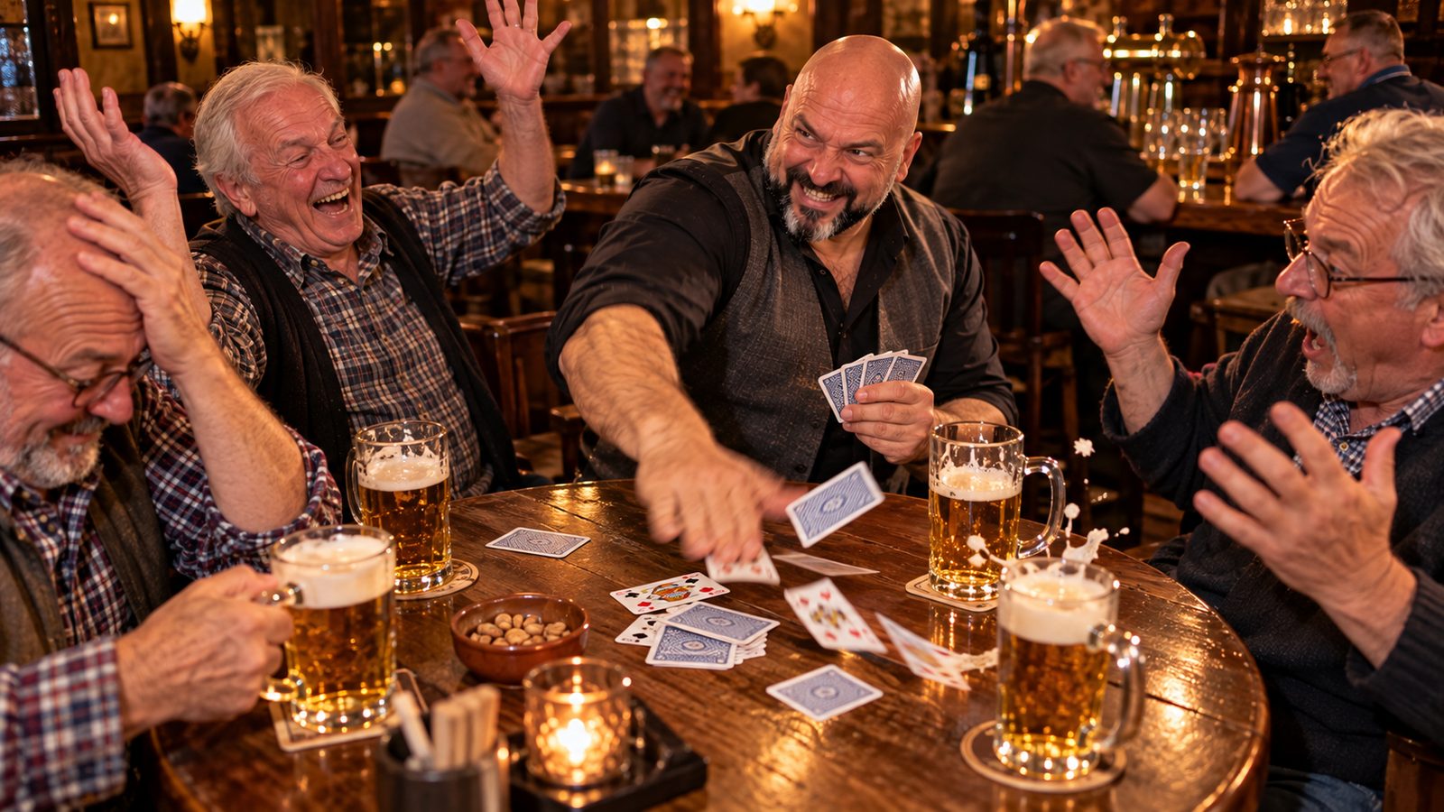René Kaplick knallt bei einer Skatrunde mit drei älteren Herren eine Karte auf den Stammtisch, die Herren lachen