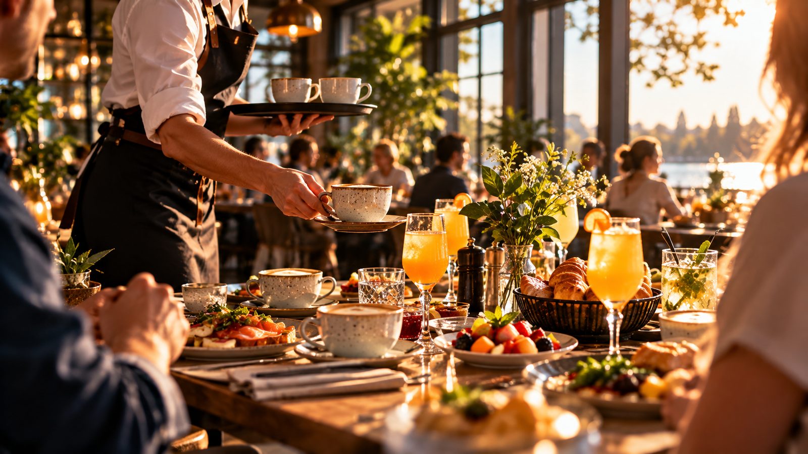 Sonntagsbrunch im Restaurant: Servicekraft serviert Kaffee an einem vollen Tisch