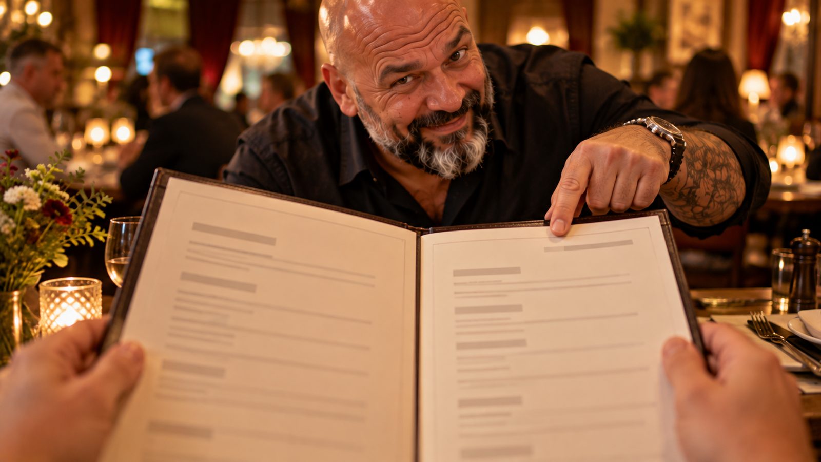 Aus Sicht eines Gastes: René Kaplick beugt sich über den Tisch und zeigt auf die obere rechte Ecke einer aufgeklappten Speisekarte