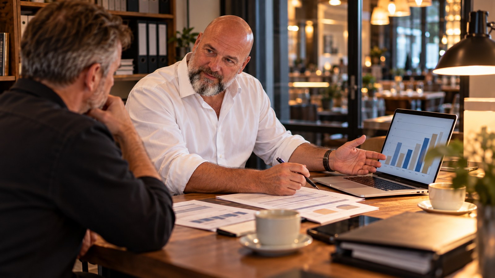 René Kaplick bespricht am Abend in einem Restaurant mit einem Gastronomen die BWA und erklärt am Laptop die Gemeinkosten