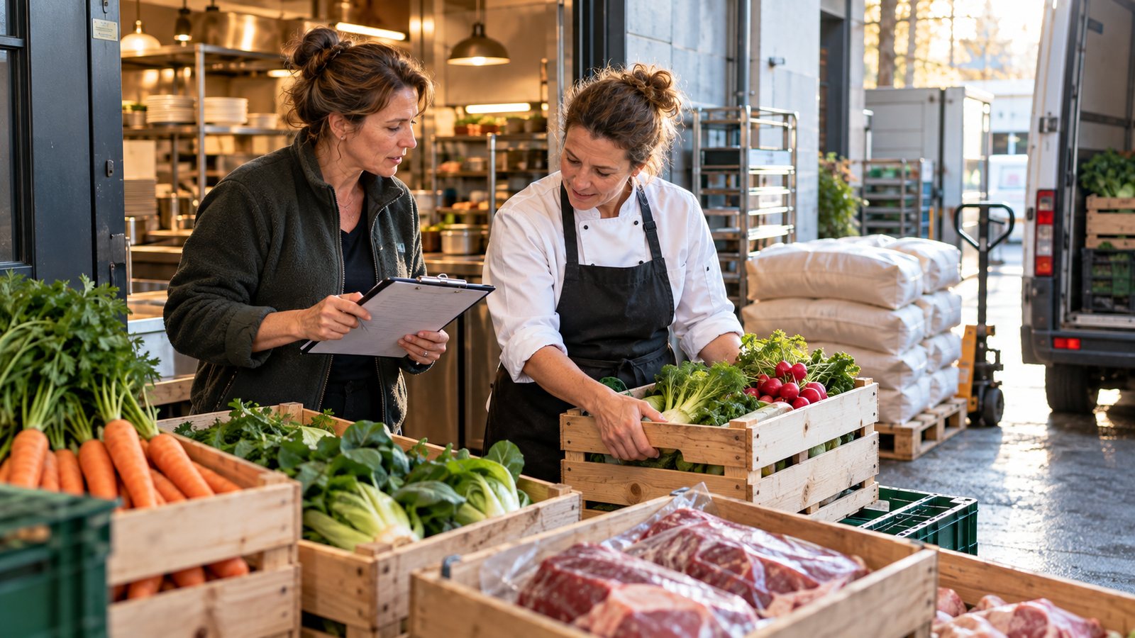 Küchenchefin und Mitarbeiterin prüfen am Wareneingang Gemüsekisten und vakuumiertes Rindfleisch mit dem Lieferschein auf dem Klemmbrett