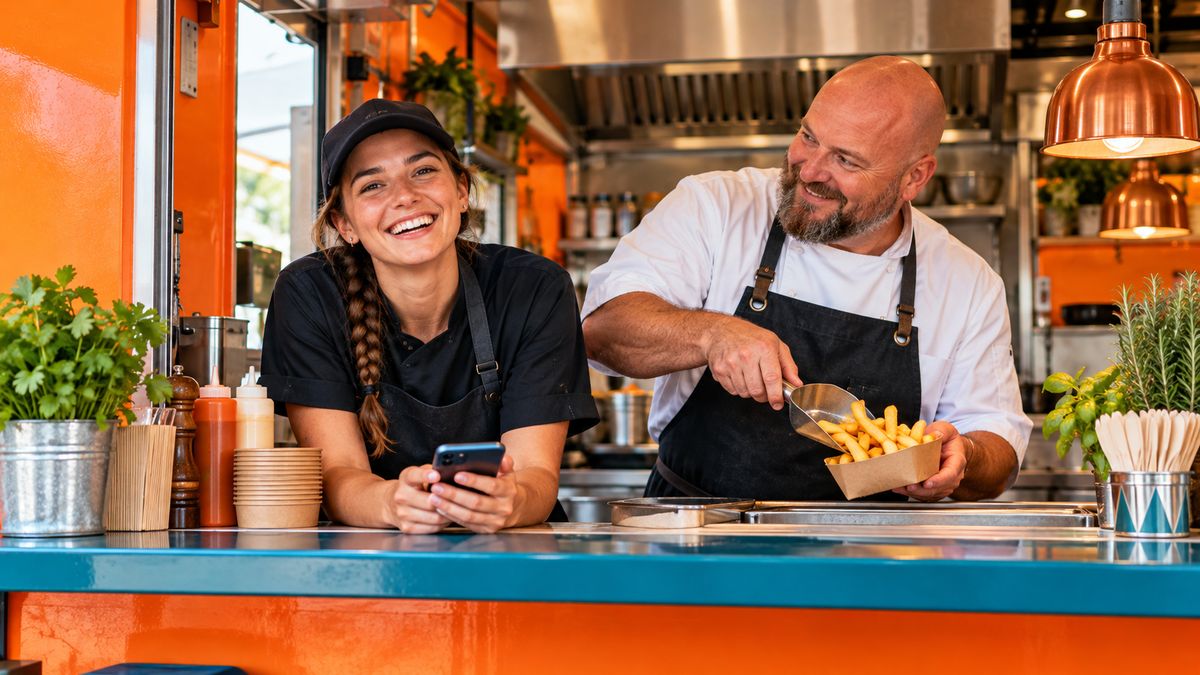 Stellenanzeige Gastronomie: junge Köchin mit Smartphone lacht in der Durchreiche eines orangefarbenen Streetfood-Imbiss, daneben ein Kollege mit Pommes