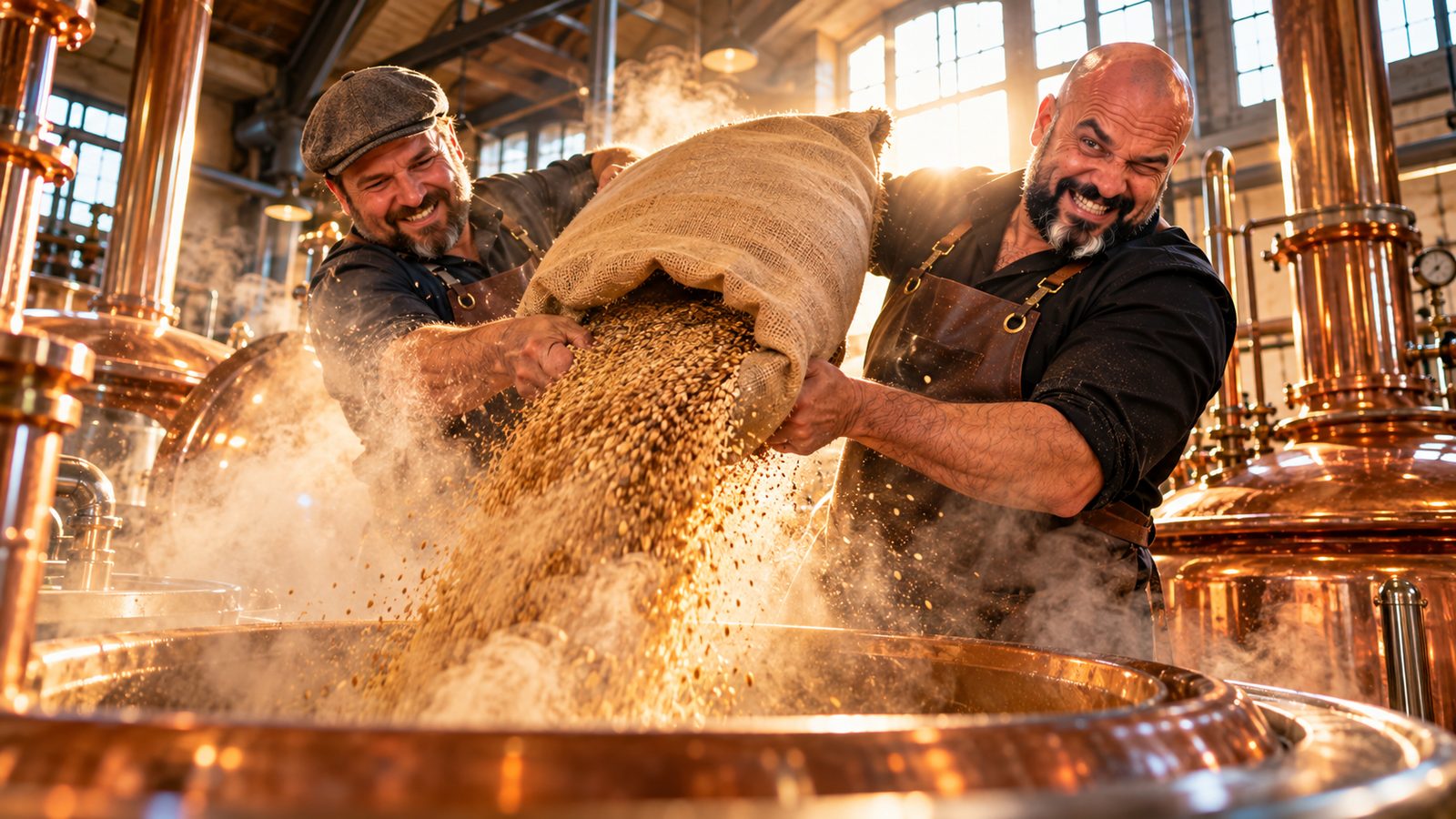 René Kaplick und ein Braumeister kippen in einem Sudhaus mit Kupferkesseln einen Malzsack aus, eine goldene Staubwolke steigt auf
