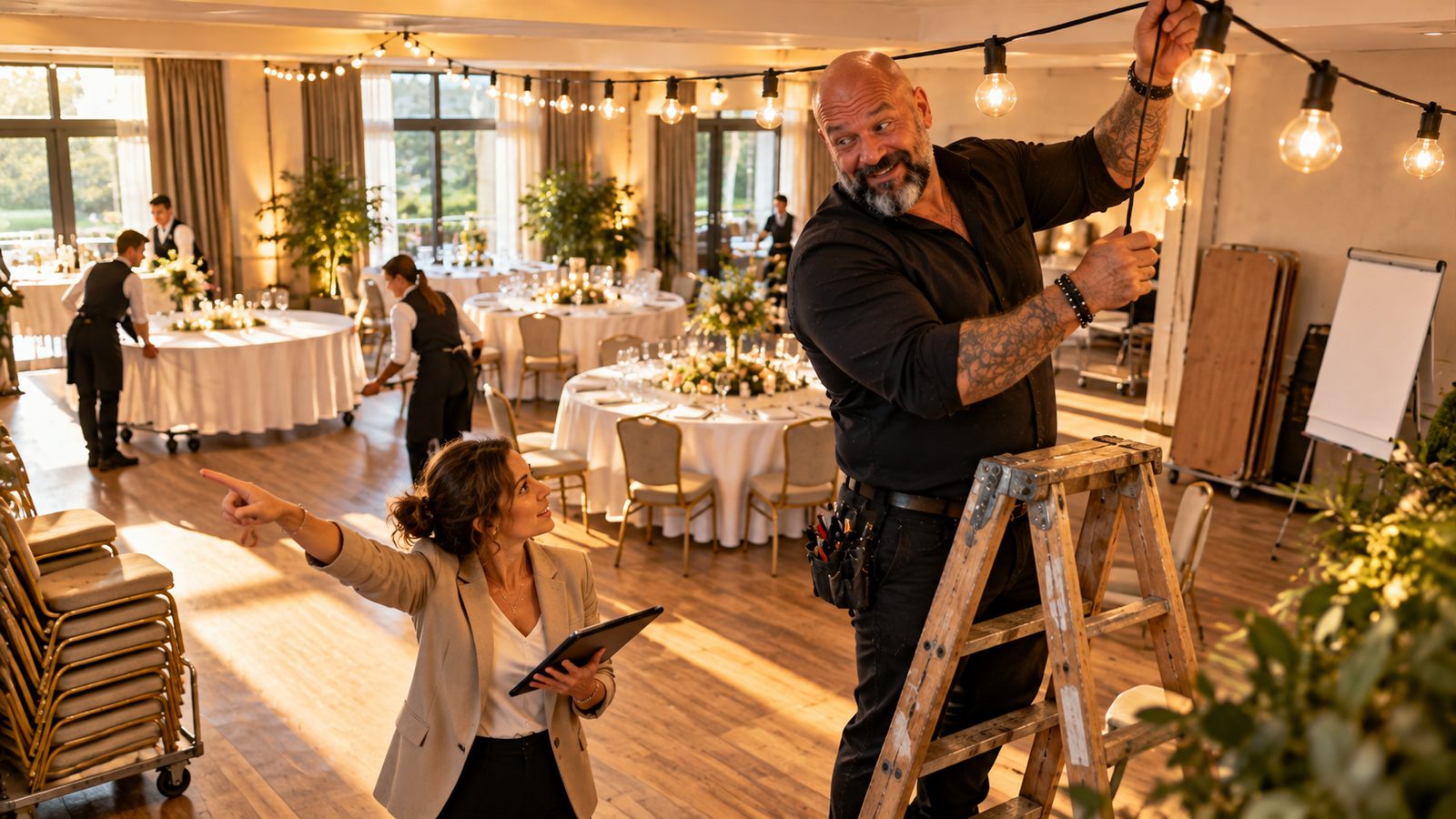 René Kaplick hängt auf einer Leiter eine Lichterkette auf, während ein Tagungsraum für eine Hochzeit umgebaut wird, eine Planerin zeigt die Richtung