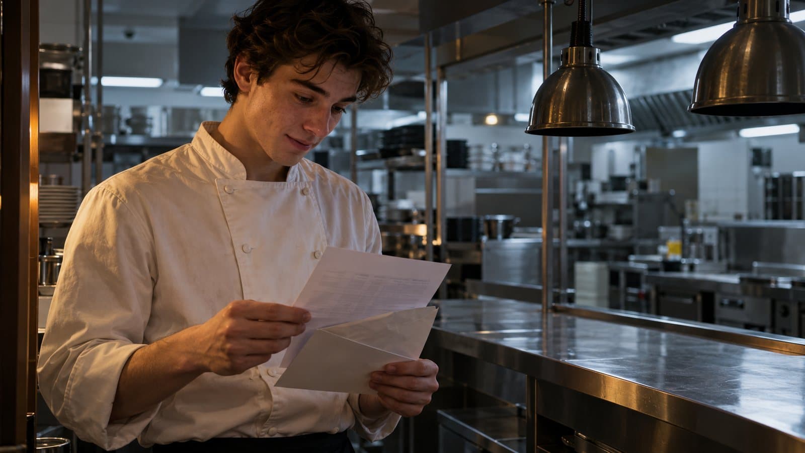 Junger Koch liest seine Lohnabrechnung nach Tarifvertrag in der Gastronomie