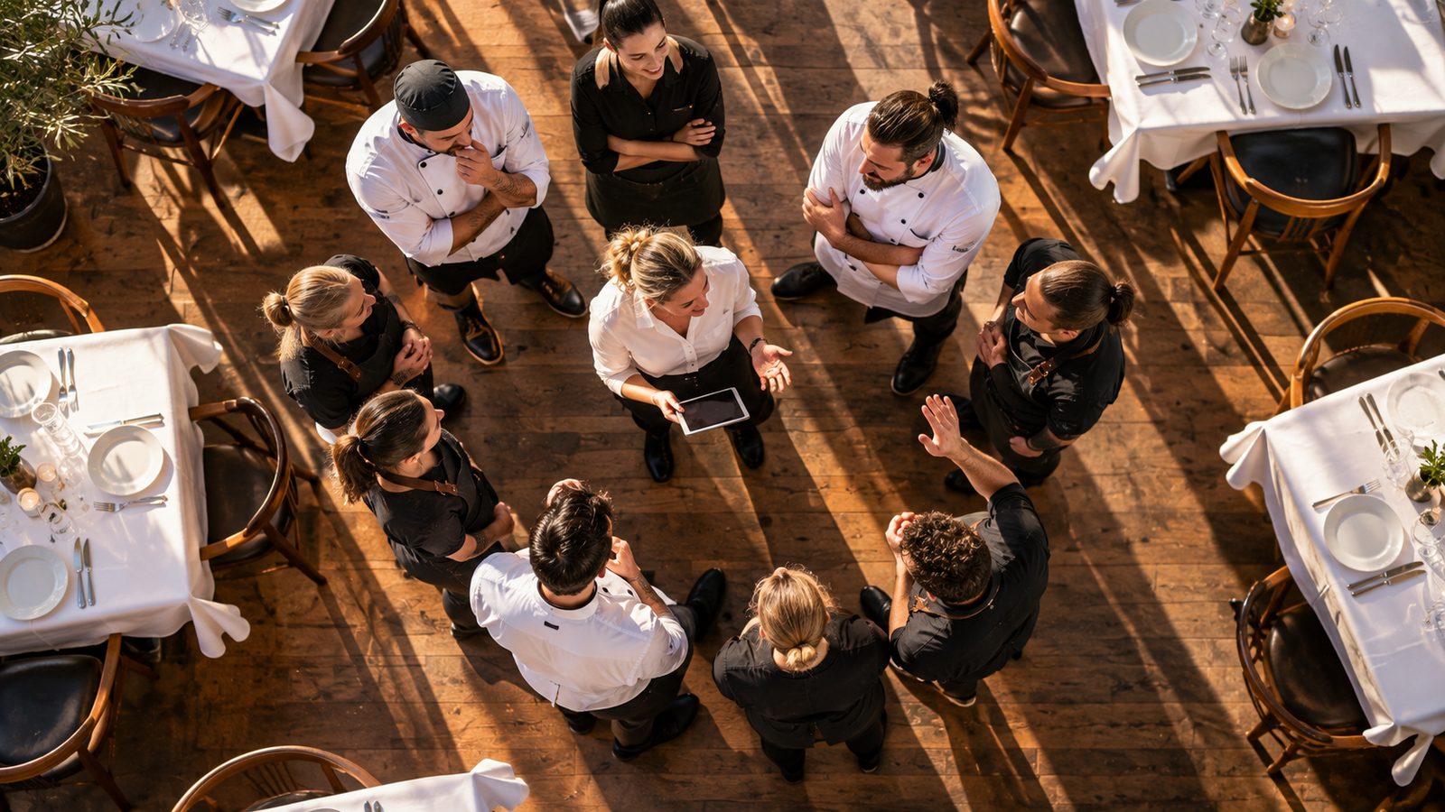 Restaurantteam steht von oben gesehen im Kreis im Gastraum, in der Mitte erklärt die Inhaberin am Tablet etwas