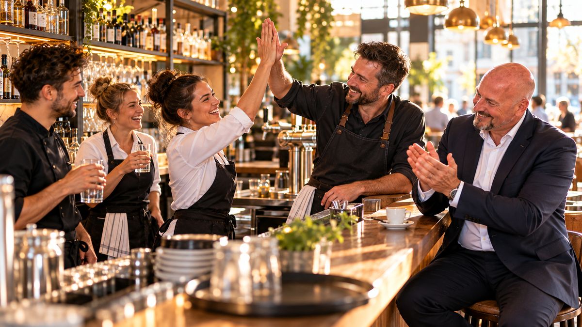 Barchef klatscht nach einem vollen Mittagsgeschäft mit einer Servicekraft ab, René Kaplick applaudiert am Tresen