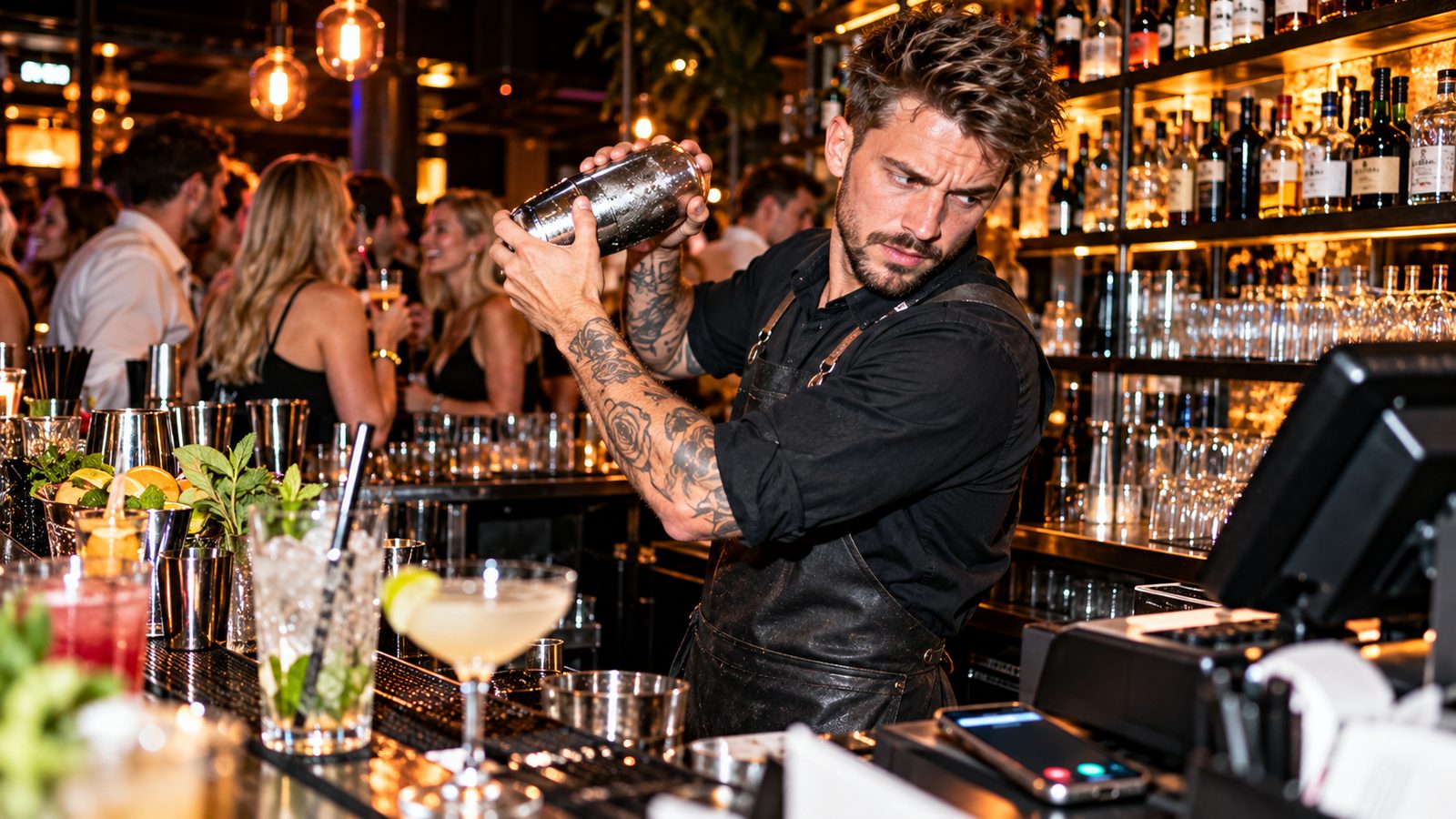 Barkeeper schüttelt in einer vollen Bar einen Cocktail und schaut auf das klingelnde Smartphone neben der Kasse