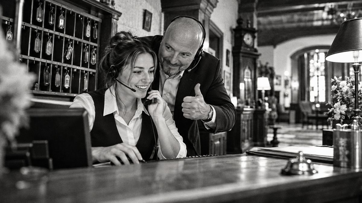 René Kaplick hört mit Headset bei einer Rezeptionistin im Landhotel mit und gibt ihr während des Reservierungsgesprächs ein Daumen hoch