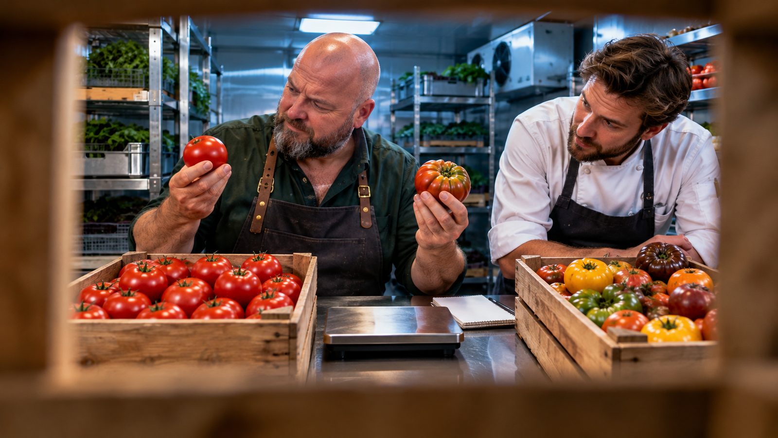 René Kaplick vergleicht im Kühlraum eine runde Großhandelstomate mit einer bunten Hoftomate, der Küchenchef schaut zu